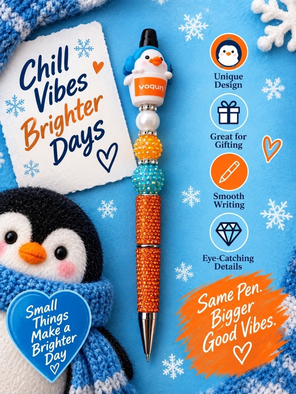 Penguin Yogurt Orange & Blue Gemstone Pen!! 🧡💙